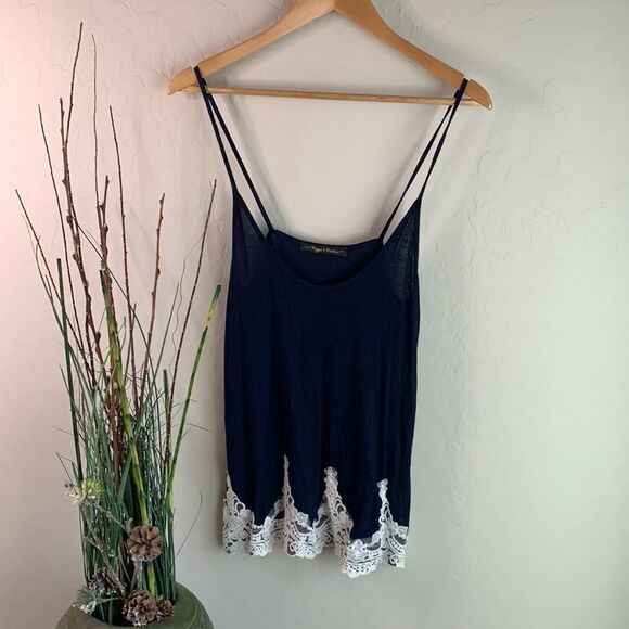 Raggs II Riches tank top navy blue spaghetti straps lace embellishment on bottom - Picture 3 of 6